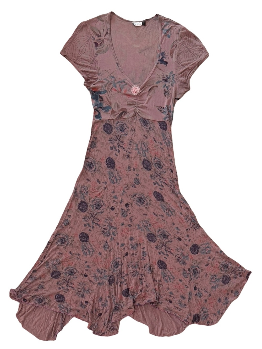 Y2k July Five Dusty Mauve Rose Midi Appliqué Cottage Dress